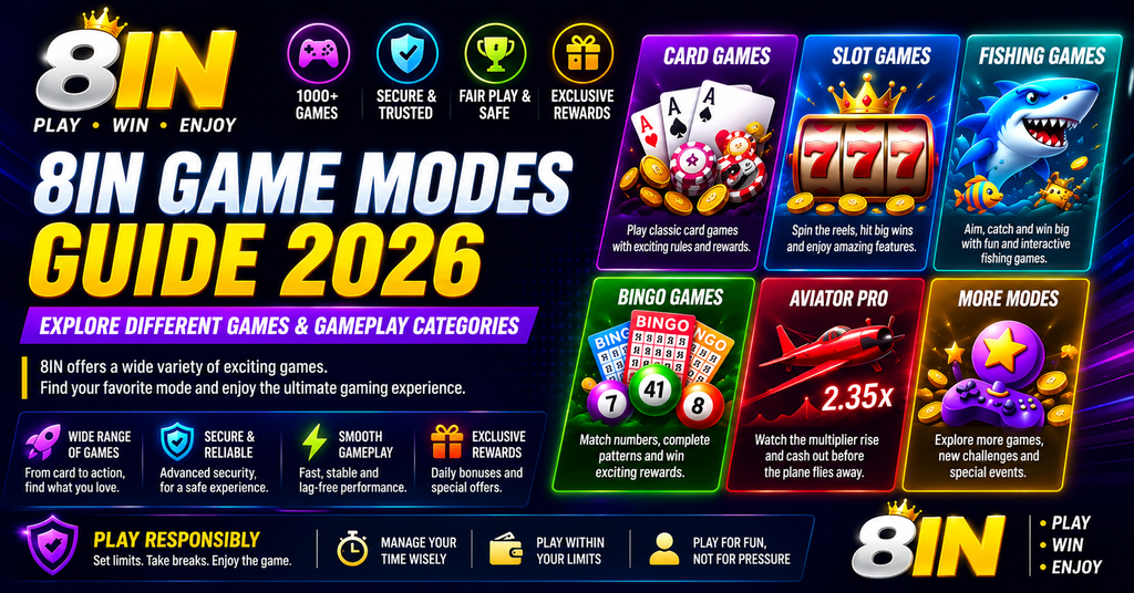 8IN Game Modes Guide 2026 featuring card, slot, fishing, bingo and other game categories
