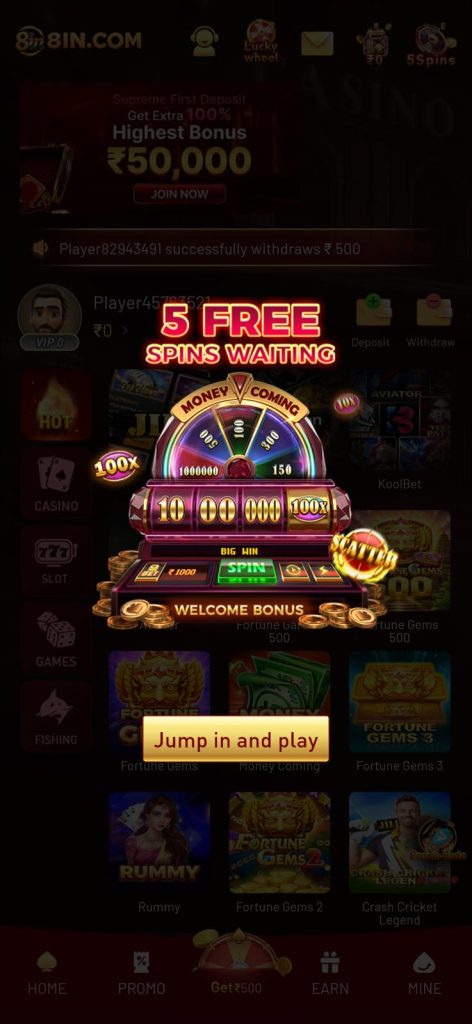 8IN Game mobile interface with welcome bonus, free spins and gaming options